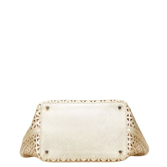 Kate Spade logo punched tote bag, gold leather handbag, women's.